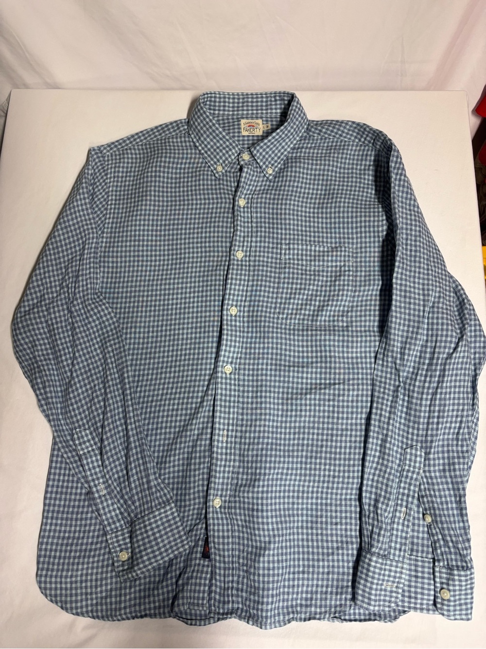 Faherty Men’s Large 100% Linen Blue Gingham Long Sleeve Button Down Shirt
